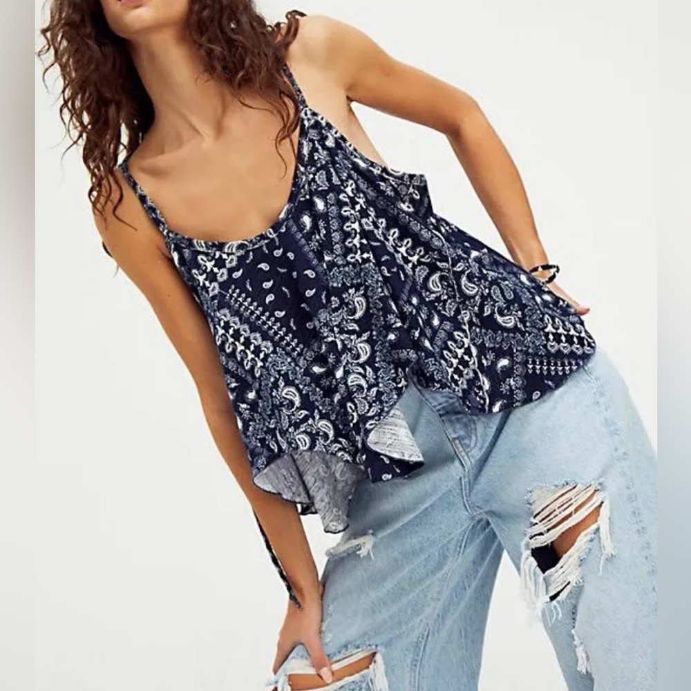 We The Free Navy and White Paisley Tank Top